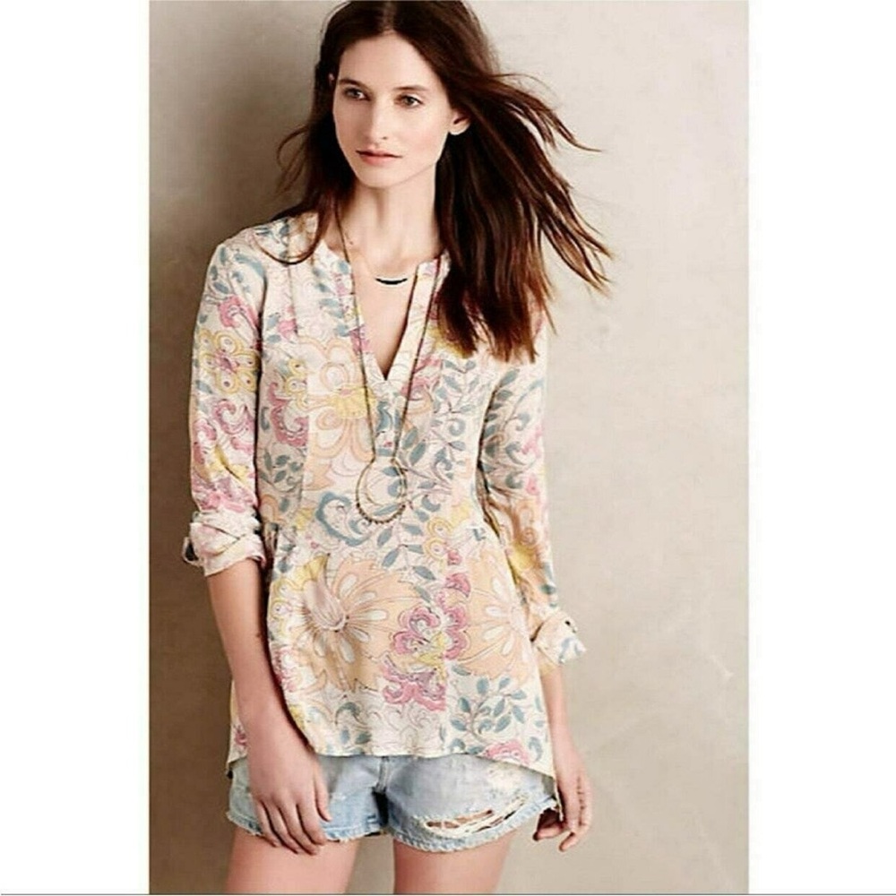 Anthropologie Maeve Laiken Muted Pastel Henley Blouse Top, EUC, Size 2